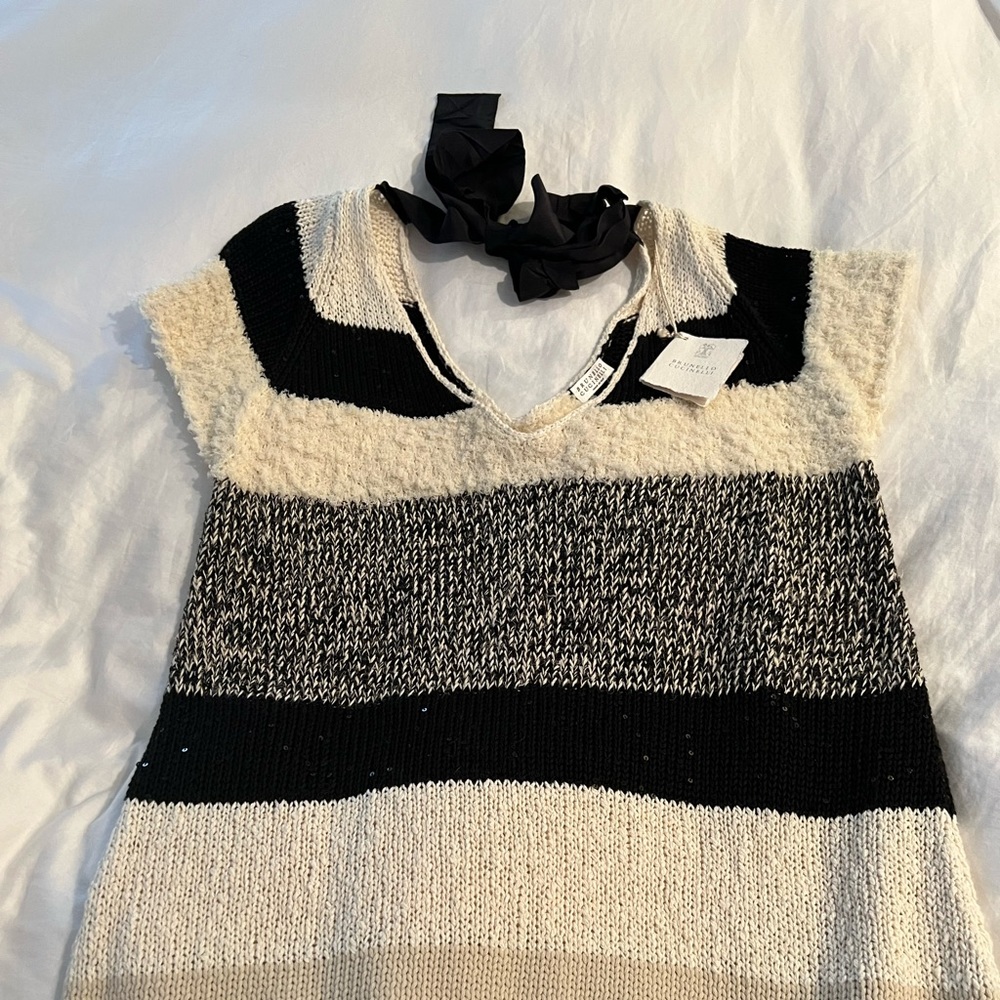 Brunello Cucinelli Ivory & Black Cotton Blend Sequin Sweater Cap Sleeve SZ L NWT